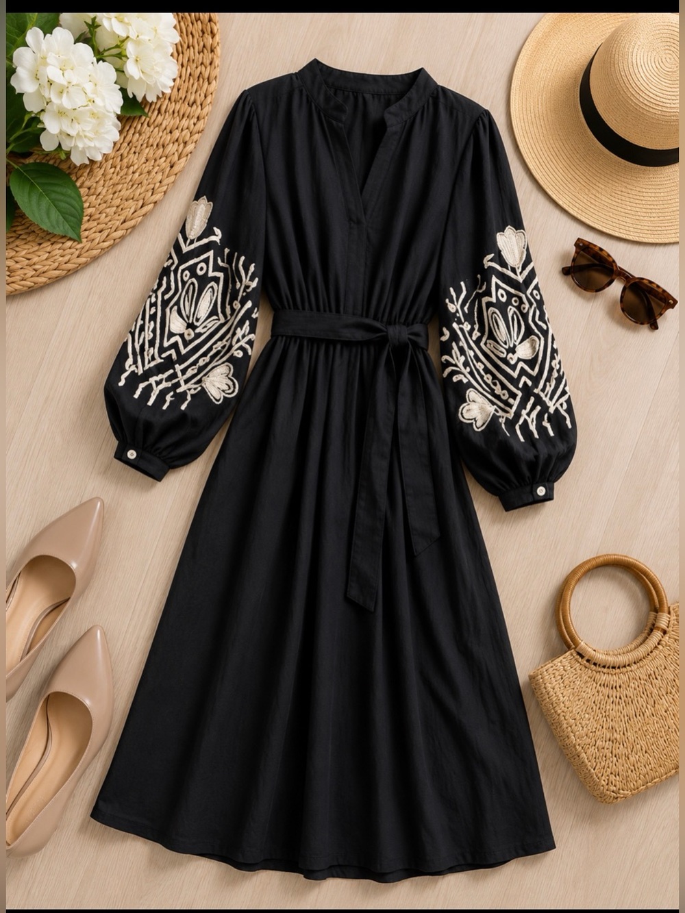 H&M Black boho Dress with White Embroidery on sleeves size medium